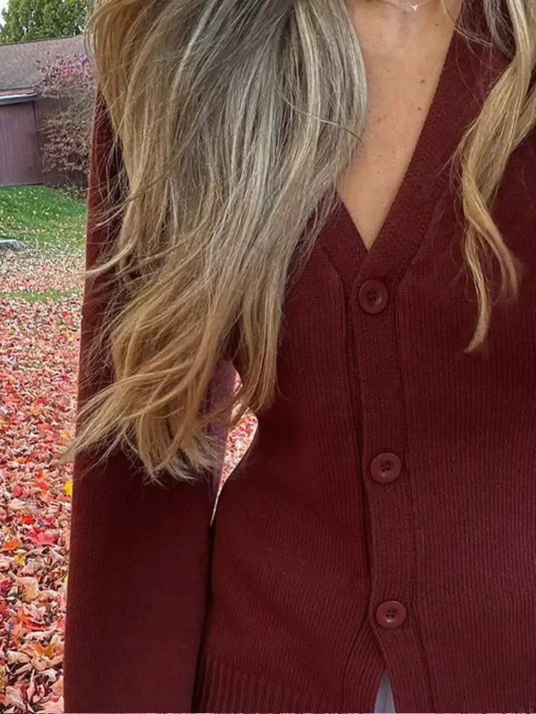 Fashion Women V-neck Knitted Bodycon Cardigan Casual Womens Single Breasted Long Sleeves Sweater Autumn Lady Singlet Knitwear 241112