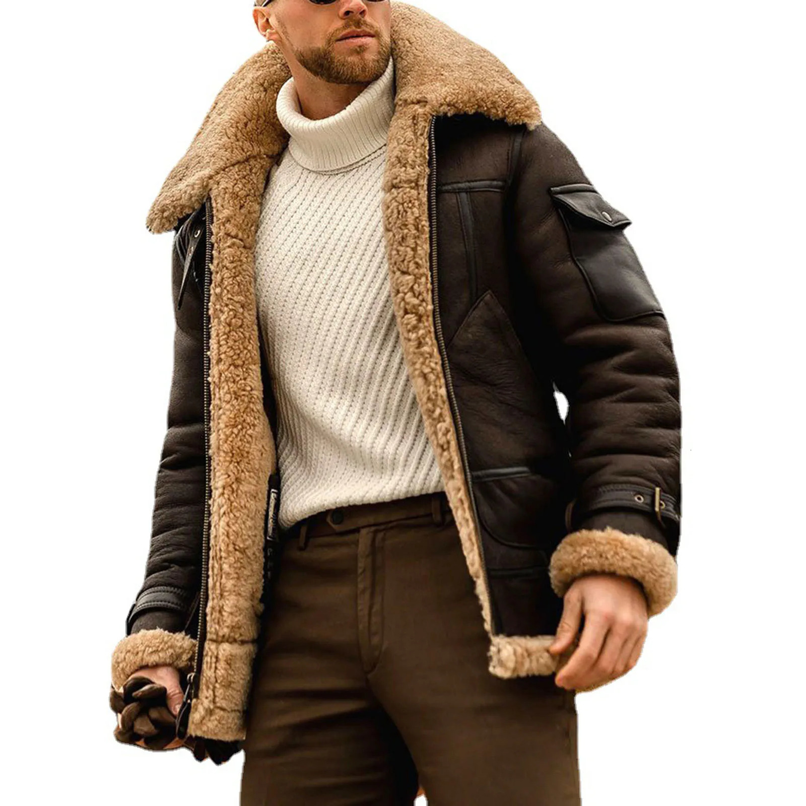mens Faux Leather Trendy Coat Winter Warm Wool Fur Shearling Jacket Thickened Lapel Casual Fashion Clothes 241108