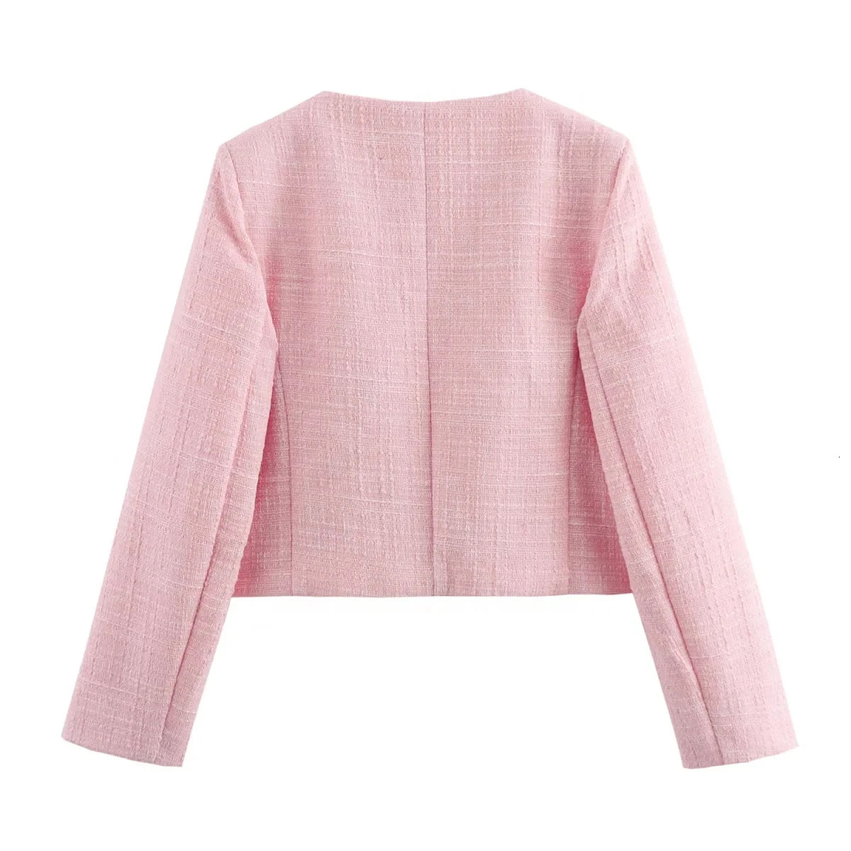 TRAFZA Vintage Pink Women Blazer Fashion Spring Autumn ONeck Textured Solid Short Office Lady Jacket Elegent Tops 241112