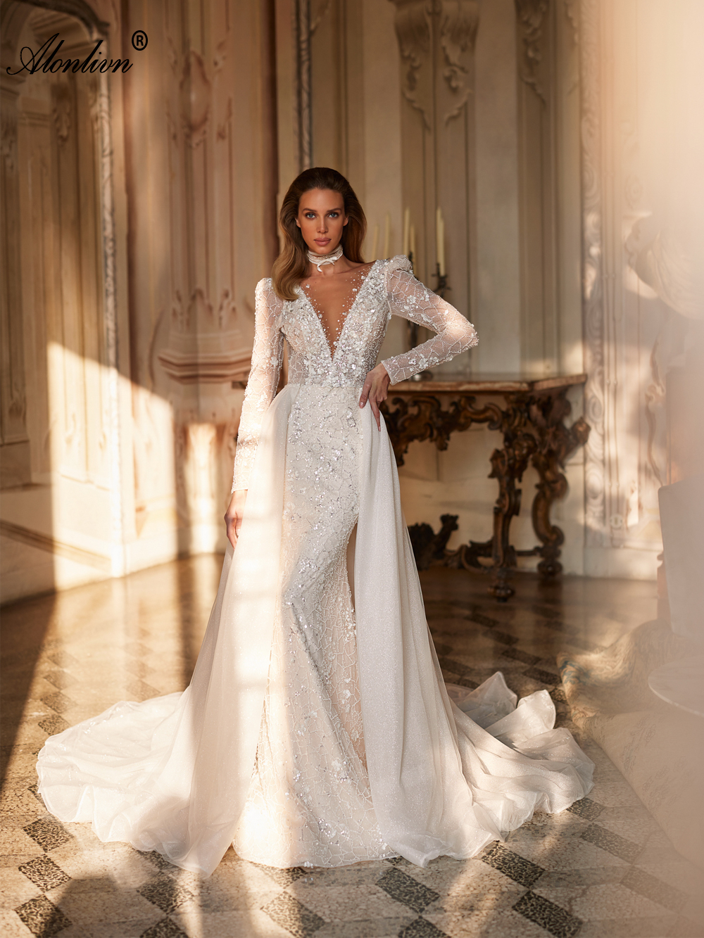 Sparkly Lace Sheer v-Neck 2 In 1 Mermaid Wedding Dress Stunning Beading Sequined Lace With Removable Silky Tulle Train Full Sleeves Backless Trumpet B