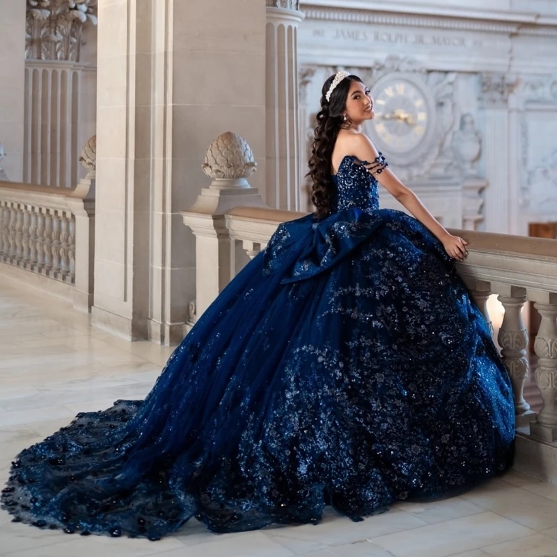 Navy Blue Shiny Quinceanera Dresses Ball Gown Off The Shoulder Sequin Lace Applique Beaded Tull Corset Sweet 16 Dress Vestidos De 15