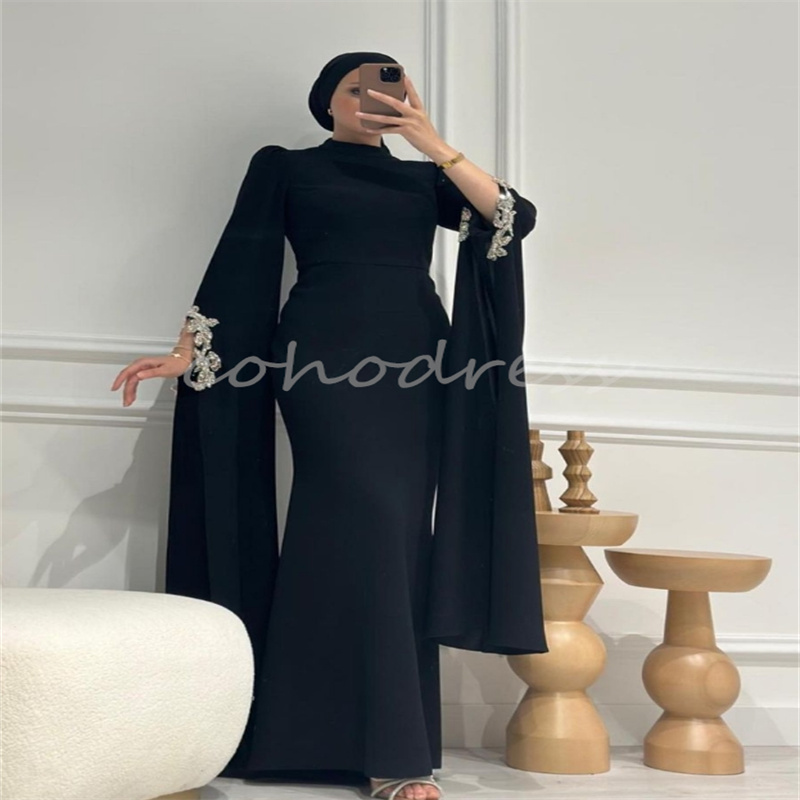 Elegant Islamic Evening Dress High Neck Long Sleeve Beaded Arabian Dubai Abaya Prom Dress Muslim Celebrity Mermaid Formal Birthday Party Gowns Vestio 