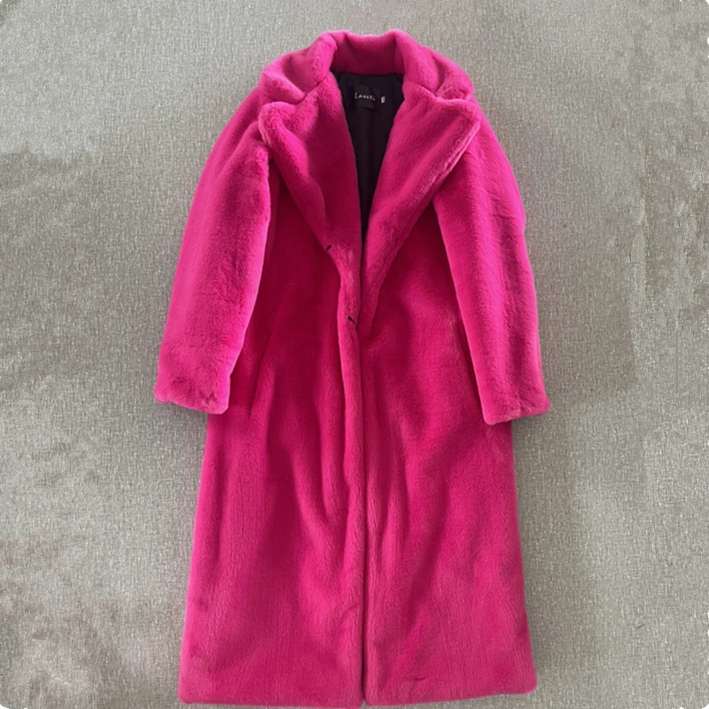 Flip collar faux fur coat for women in winter long orange plush coat fluffy jacket Teddy pink faux mink fur jacket 241112