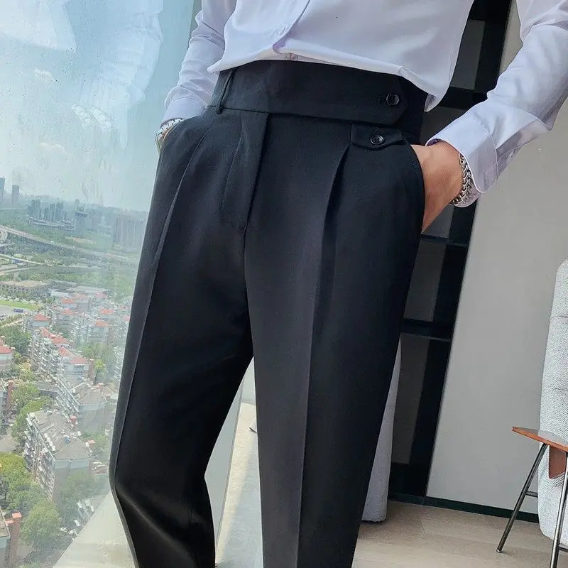 Spring and Autumn Fashion Korean Edition Casual Business High Waist Button Slim Fit Straight Tube Non Iron Mens Suit Pants 241112
