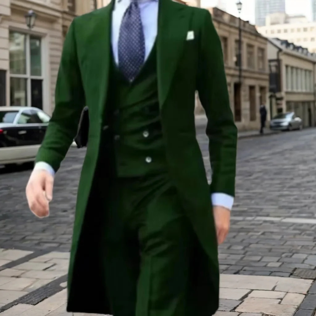 Elegant mens slim fit set 3-piece jacket vest pants set wedding stage costume party long tail jacket 241111