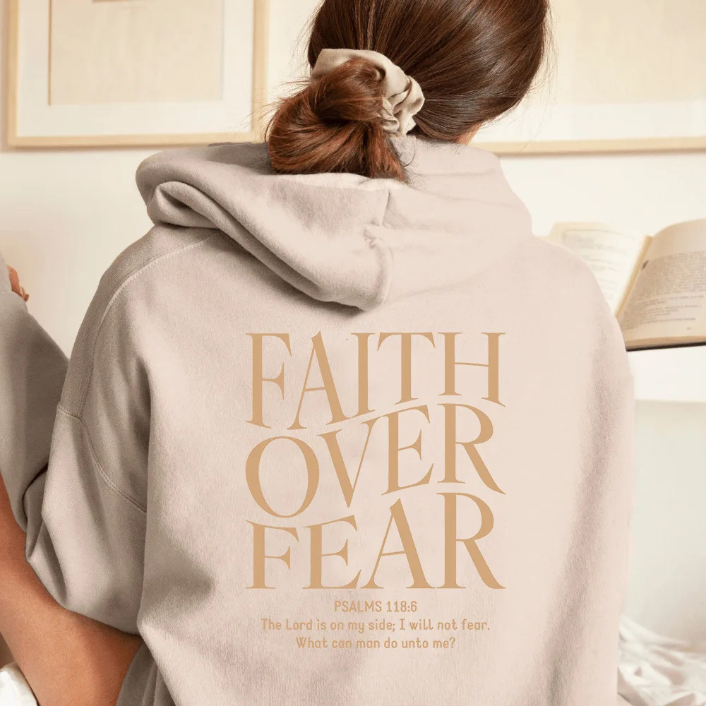 FAITH OVER FEAR Autumn European and American foreign trade simple plain color letter printed hooded mens womens top hoodie 241112