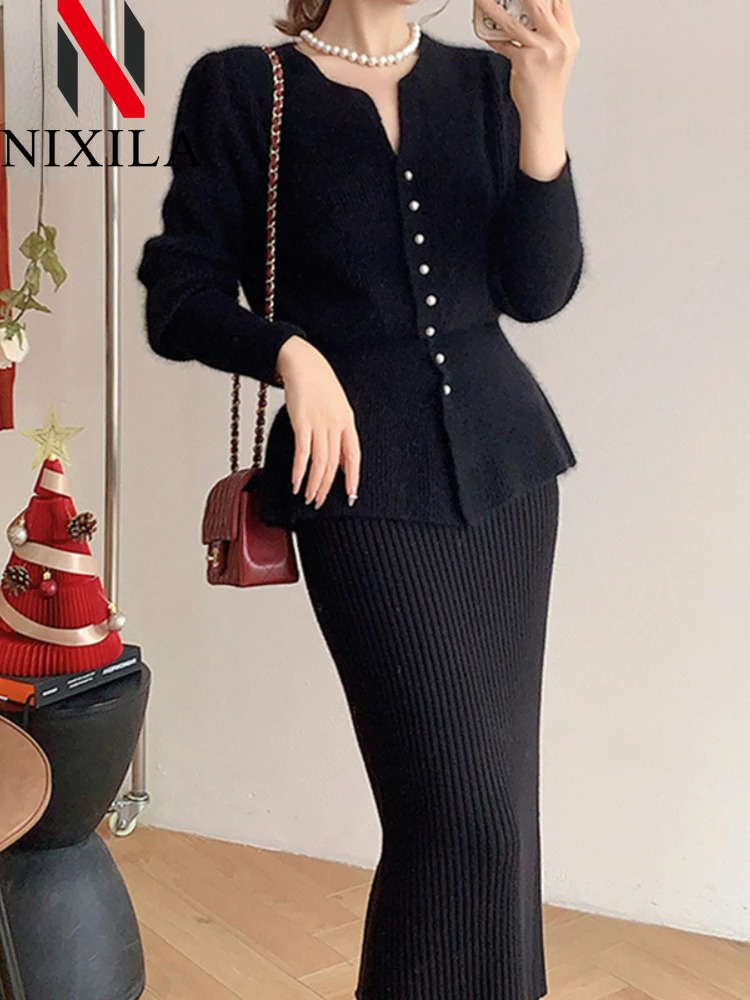 autumn and winter dress two-piece womens set Korean fashion elegant womens cardigan wool sweater long sleeved set womens clothing 241112