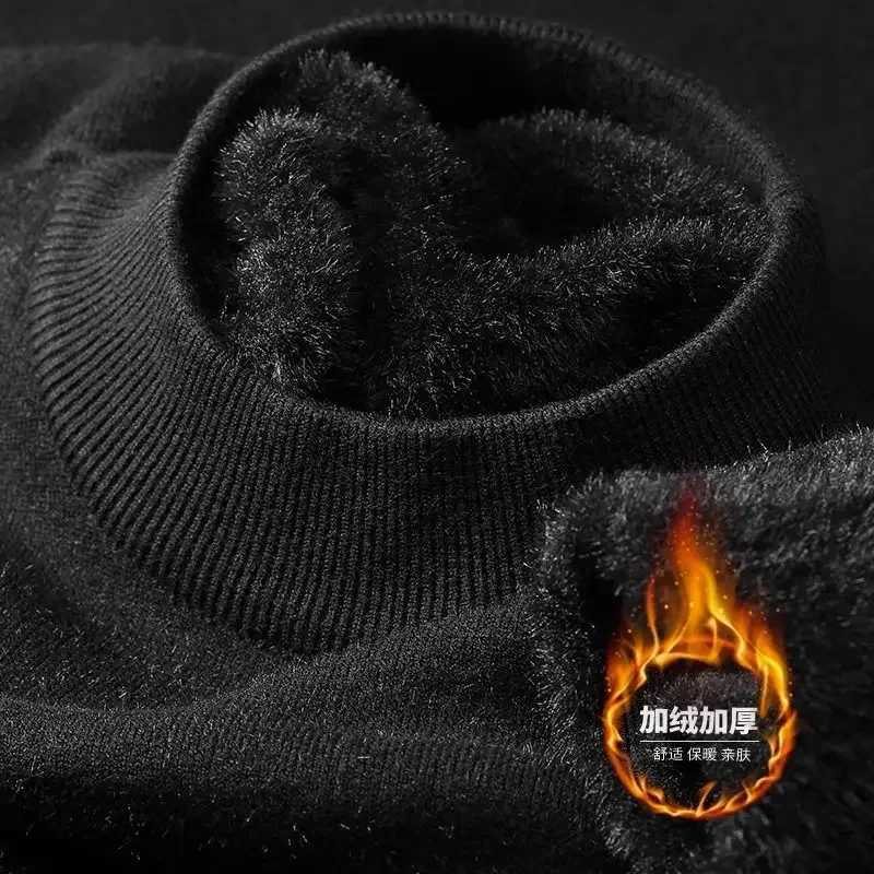 Plush mens knitted sweater with sea neck velvet pad warm solid latte autumn thick bottom casual O-neck sweater W2411111