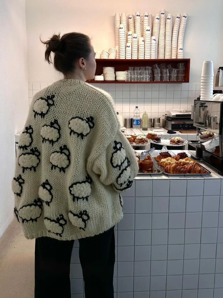 Knitted V-neck Casual Sheep Womens Cardigan Single Breasted Long Sleeved Contrasting Sweater Female Commuting High Streetwear 241112