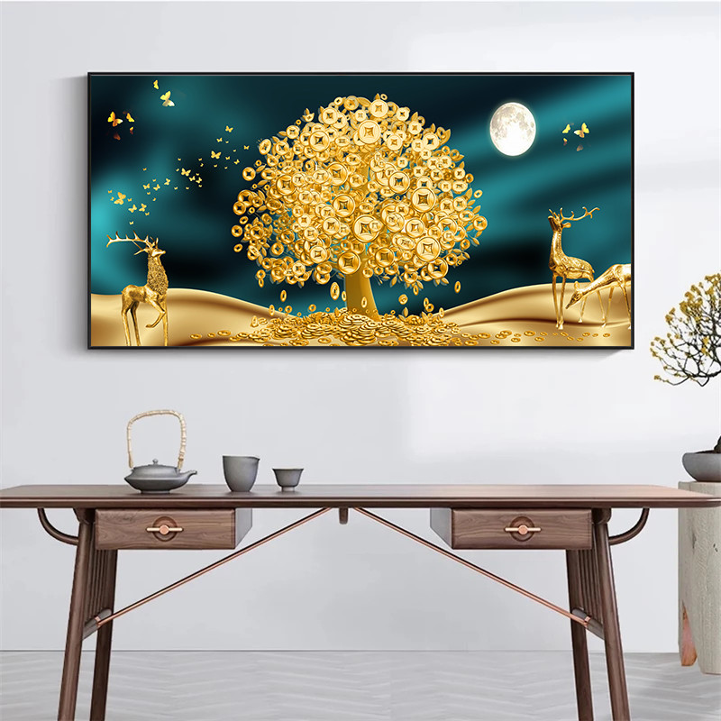 Luxury Lucky Gold Money Tree Canvas Printing Floral Plant Painting Deer and Golden Leaf Poster Home Decor Wall Art Picture Large