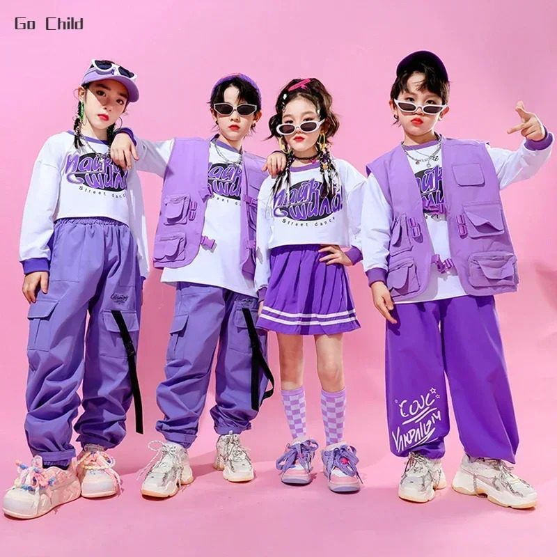 Hip Hop Girls Crop Top Skirts Purple Clothes Sets Boys Jazz Vest Sweatshirts Street Dance Cargo Pants Children Kids Streetwear 241112