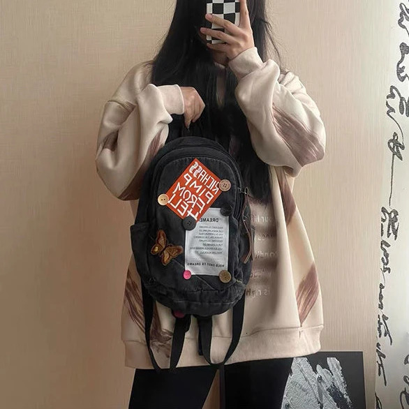 American retro button collage letters cute mini backpack student backpack storage bag Kawaii Y2k handbag denim backpack 241111