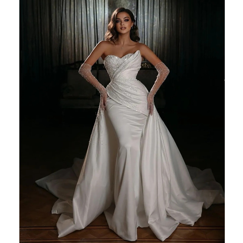 Luxury Satin Mermaid Wedding Dress With Detachable Train Arabic Charming Brides Gown Sleeveless Crystal Beading Chapel Train Formal Bridal Gowns Plus 