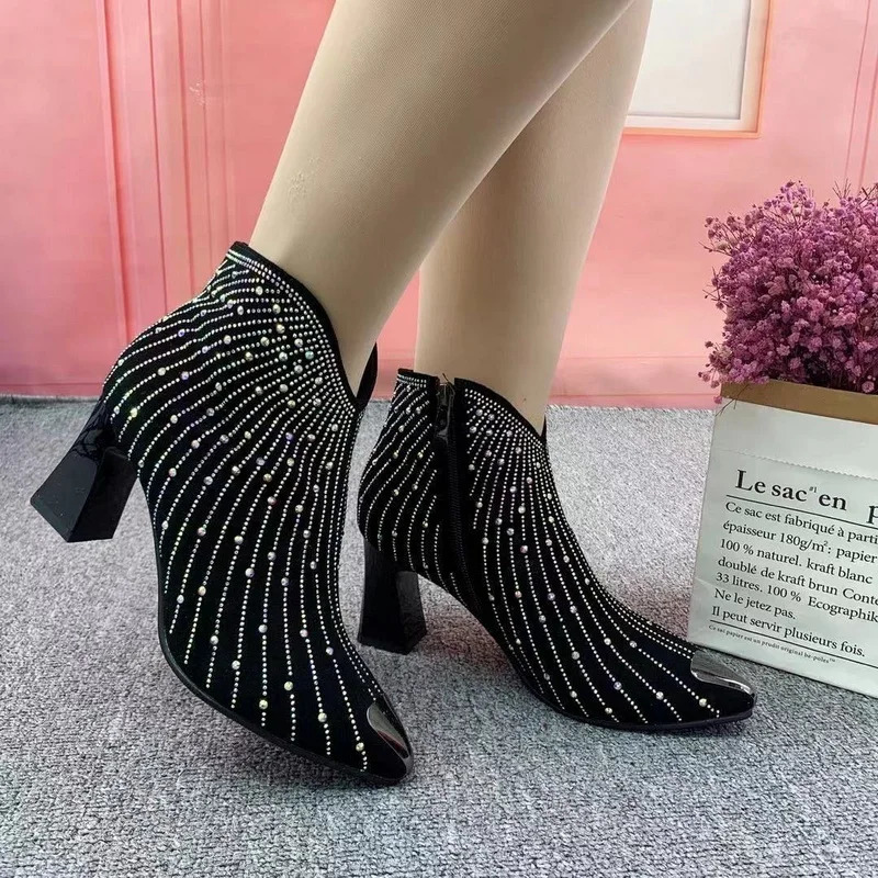 Rhinestone Womens Ankle Boots Fashionable Autumn/Winter Shoes Shiny Short Boots Side Zipper Pointed Toe Black 241111