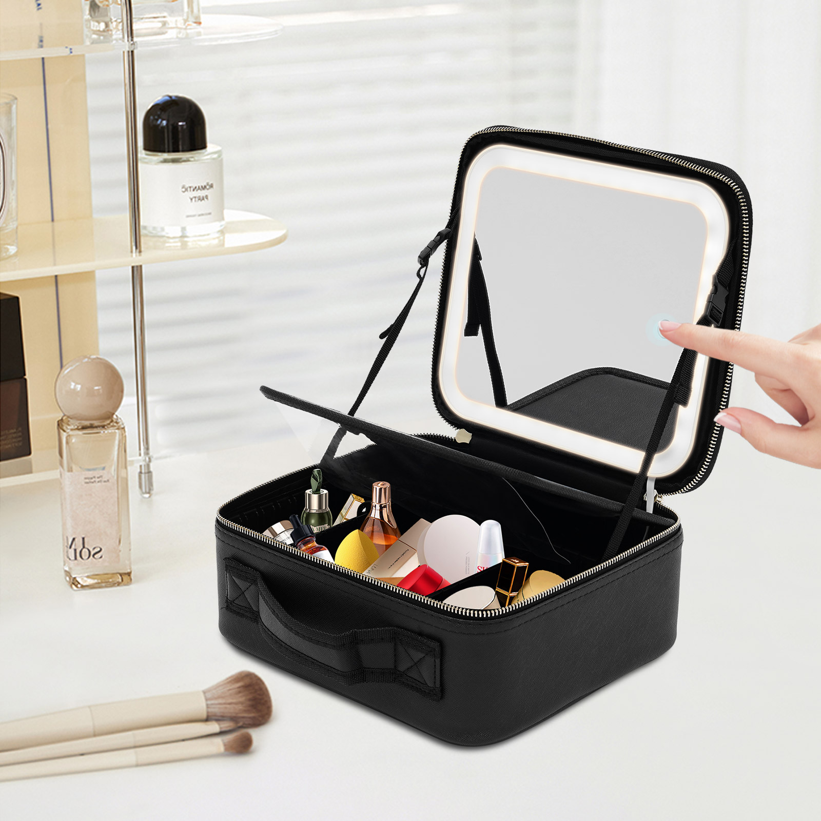 Cosmetic Organizer Case with LED Mirror Travel Makeup Bag Large Capacity PU Adjustable Compartment Makeup Storage Box f5b2d