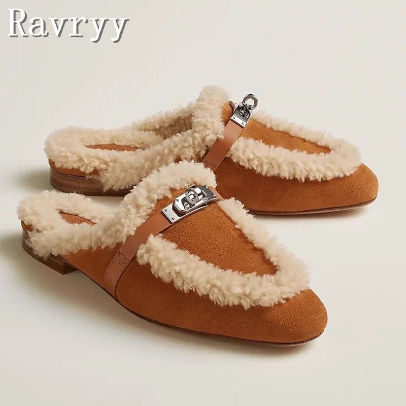 Metal Buckle Wrapped Toe Half Slippers Brand New Flat Platform Round Toe Suede Leather Fur Mules Ladies Winter Warm Shoes