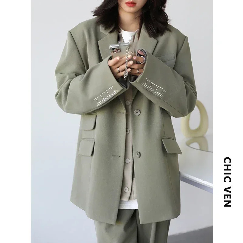 CHICVEN Womens Office Womens Jacket Cuffs Embroidered Wide Shoulder Twill Set Womens Autumn Womens Fashion Top 241111