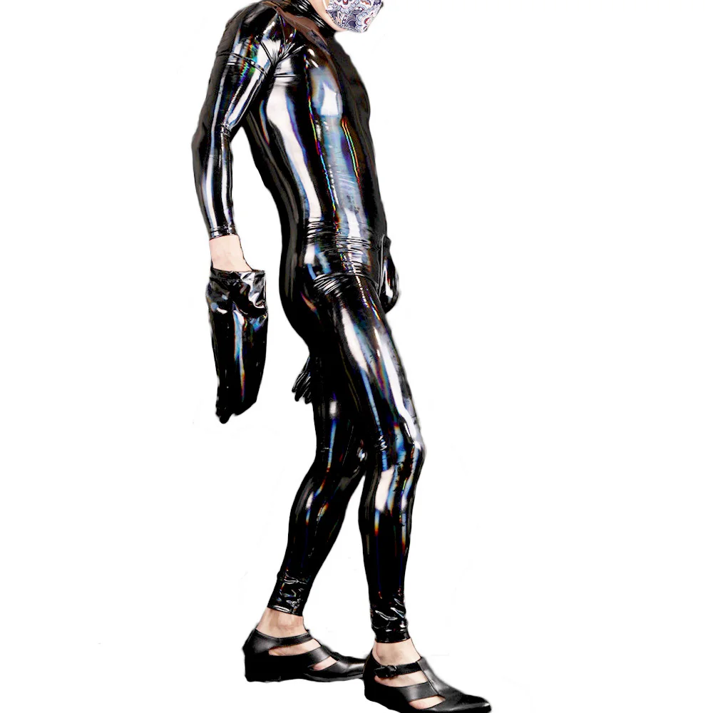 Sexy Men Colorful Faux Latex PU Bodysuit Cosplay Wetlook Maid Tights Zentai Full Body Cover Bodysuit Night Club Outfits Leotard