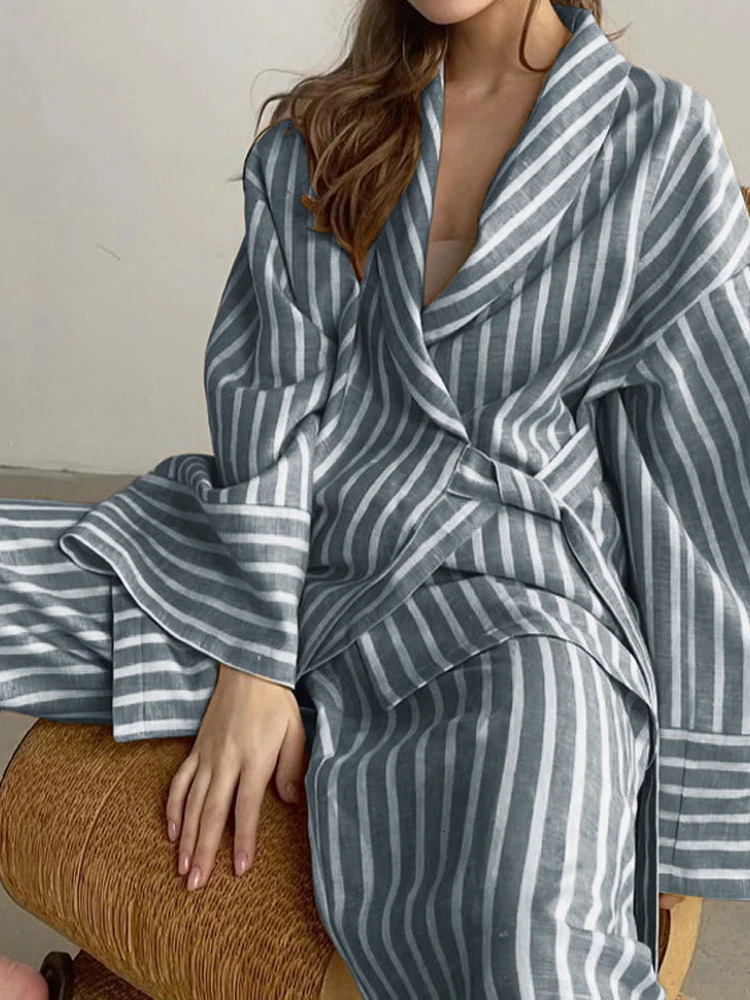 Casual yellow striped home set elegant high waisted wide pants set fashionable long sleeved shirt two-piece set pajamas set womens clothing set 241112