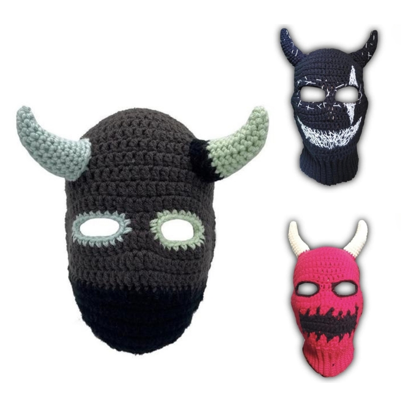 Halloween Funny Knit Warm Full Face Cover Devil Horn Balaclava Hat