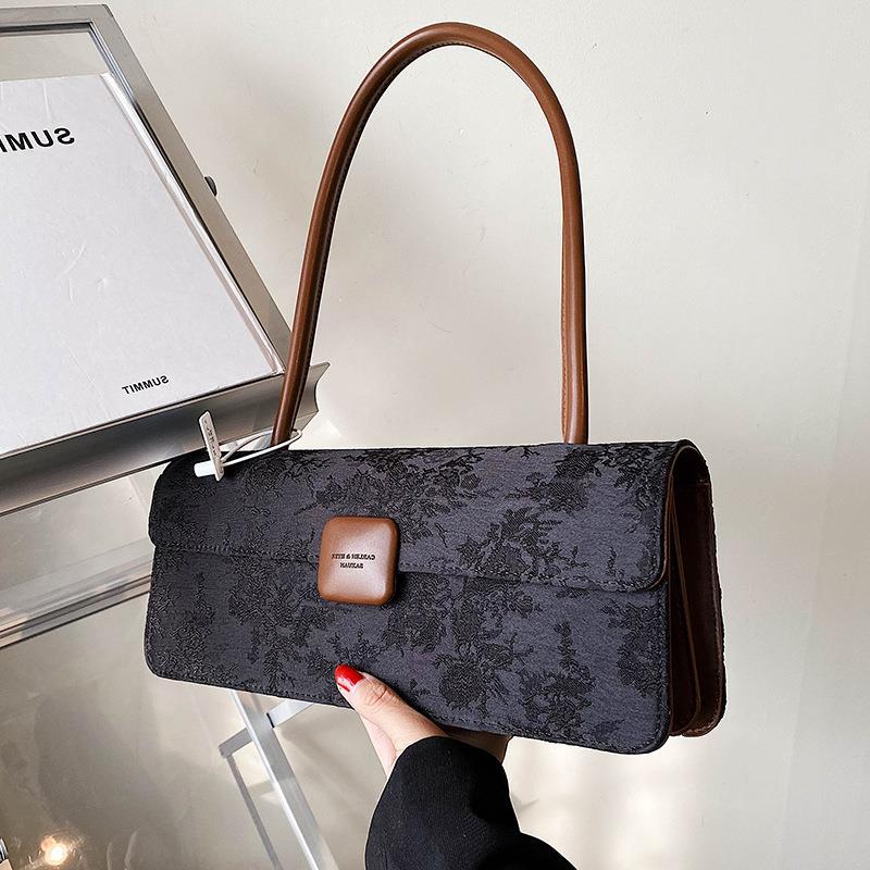 Square Printed Large Capacity Fashionable Canvas Stick Bag, Autumn and Winter Niche Retro One Shoulder Underarm Bag,