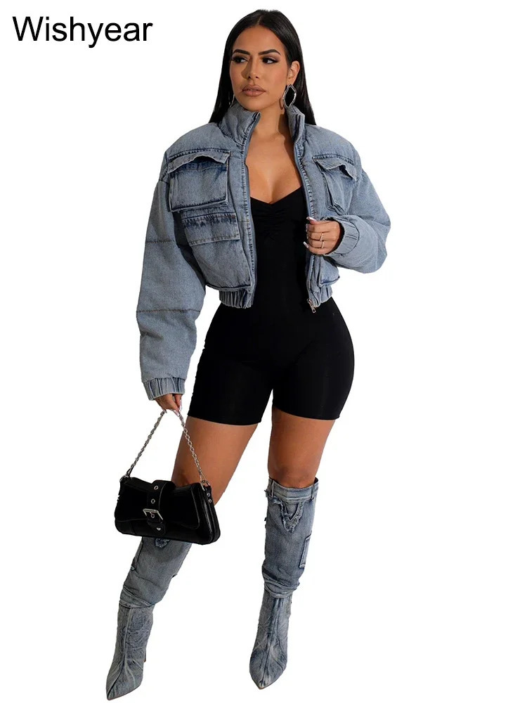 Autumn and winter standing collagen long sleeved streetwear jeans jacket club womens retro birthday pocket denim parkour jacket 241112