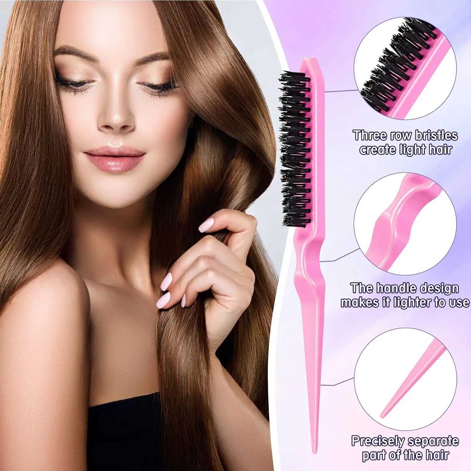 3Pcs Smooth Back Hair Brush Set Teasing Hair Brush Three Times Teasing Comb Mouse Tail Comb Edge Brushing Hair Tail Tool Weaving Tool Ring W241112