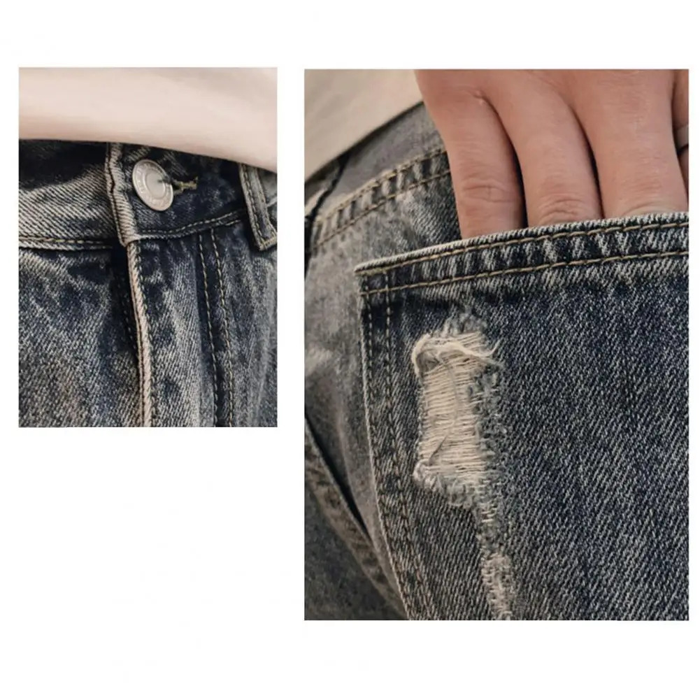 Summer Ripped Holes Denim Shorts Mid-rise Pockets Zipper Button Fly Straight Leg Knee Length Men Short Jeans Streetwear 240412