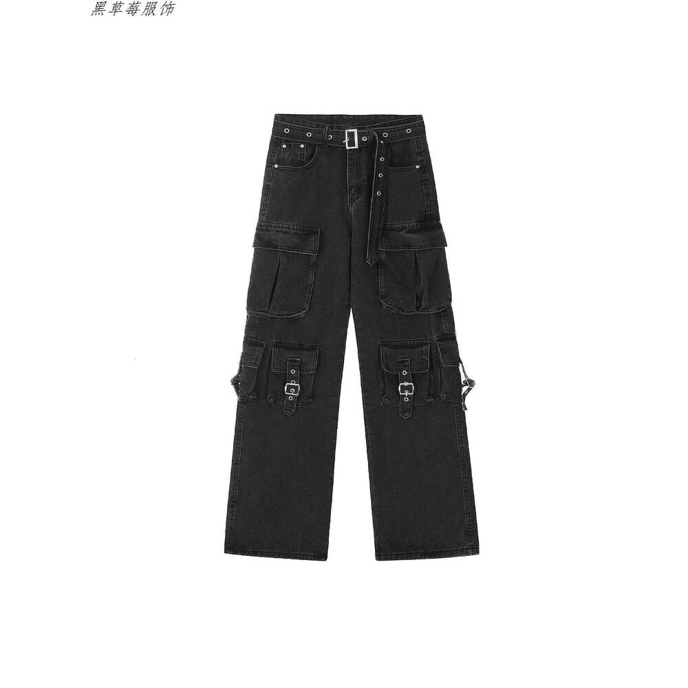 Women's Wide-Leg For Small People, Dark High Street Heavy-Duty Design, Washed Multi-Pocket Loose Straight Work Jeans