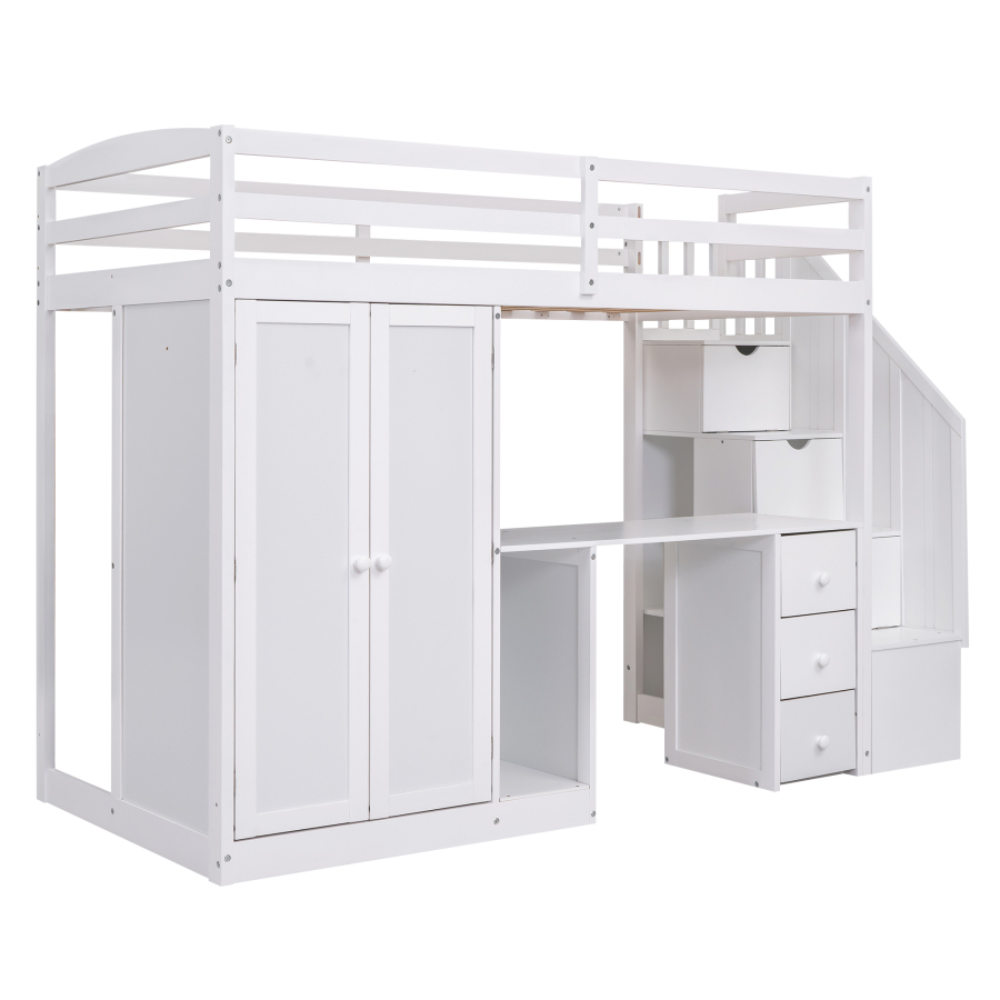 Twin Size Loft Bed with Wardrobe and Storage Staircase,built-in desk & Storage Drawers & Cabinet in 1,Loft Bed For Kids bedroom