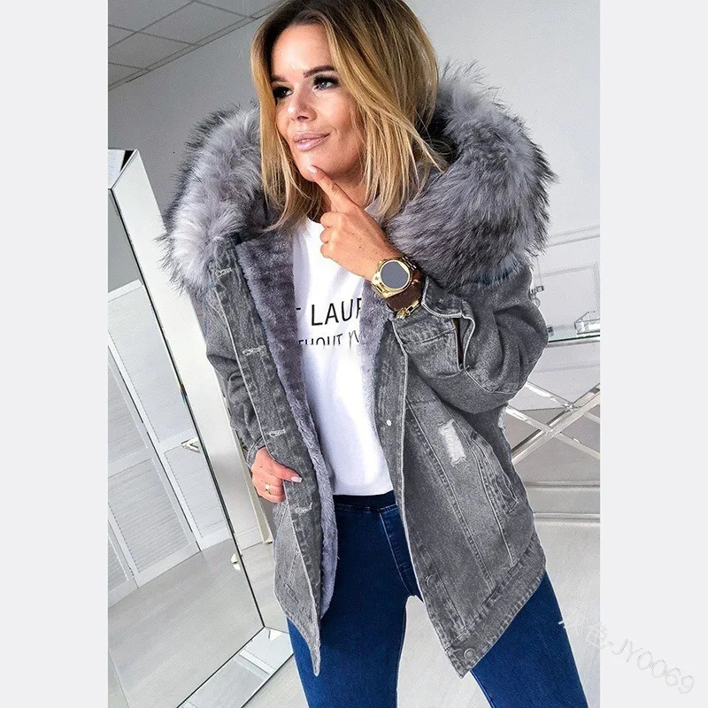 European and American retro hooded large fur collar denim jacket stylish casual warm mid-length ripped and distressed jacket 241111