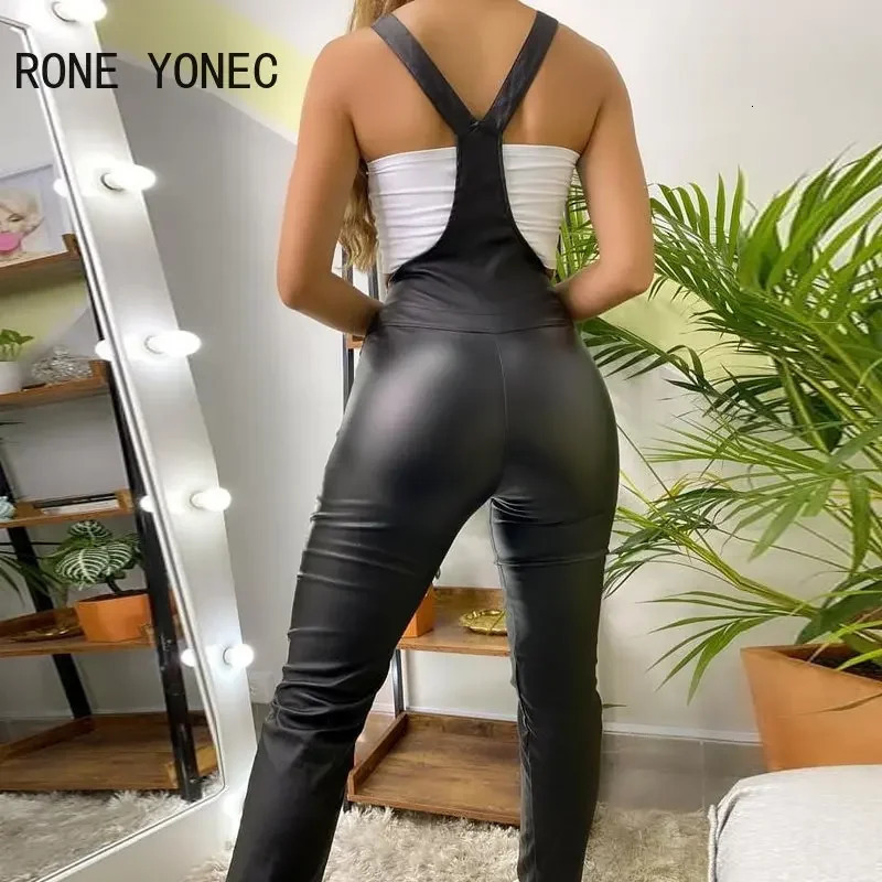 Womens elegant solid Pu leather zipper decoration overall suspension jumpsuit 241112