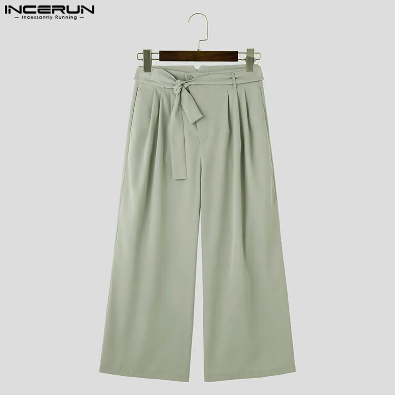 INCERUN Mens Pants Solid Color Button Jogger Loose Casual Wide Leg Straight Trio Mens Strap Dress Lace Pants 241112