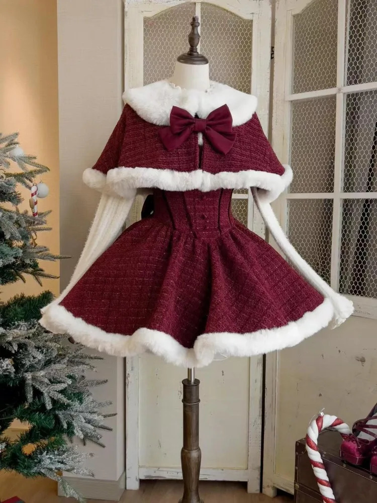 Christmas and Year 3-piece Sweet Lolita Style Dress Set for Womens Elegant and Unique Bow Plush Shawl Short Jacket Mini Skirt Set 241112