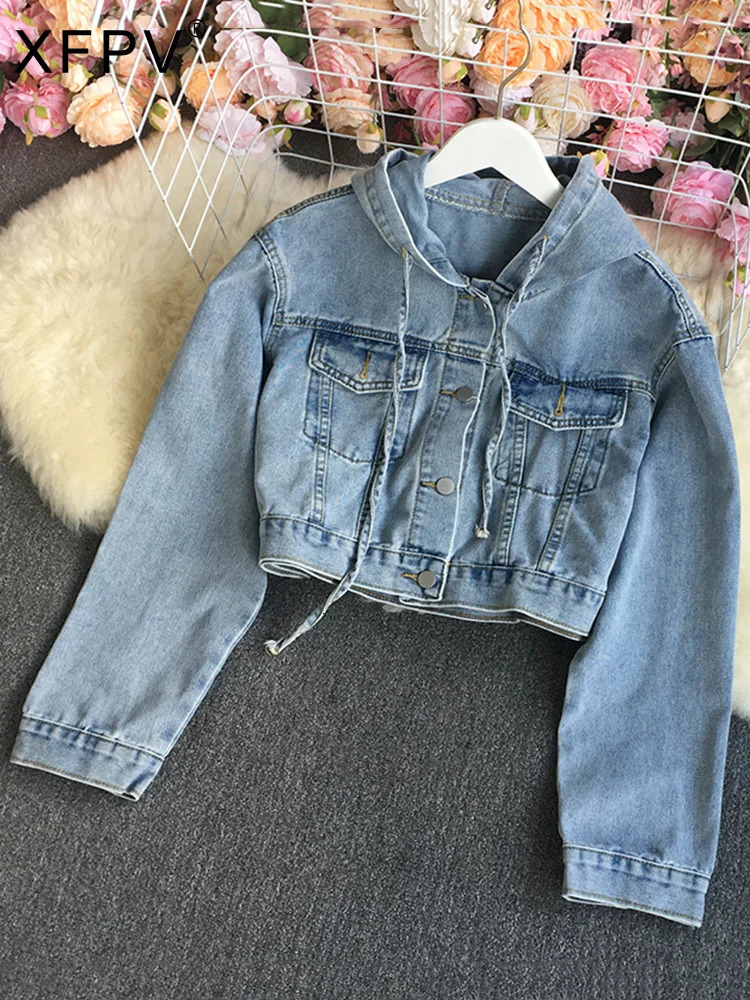 XFPV autumn retro solid color hooded brushed denim jacket womens single chest short jacket trend SM1742 241112