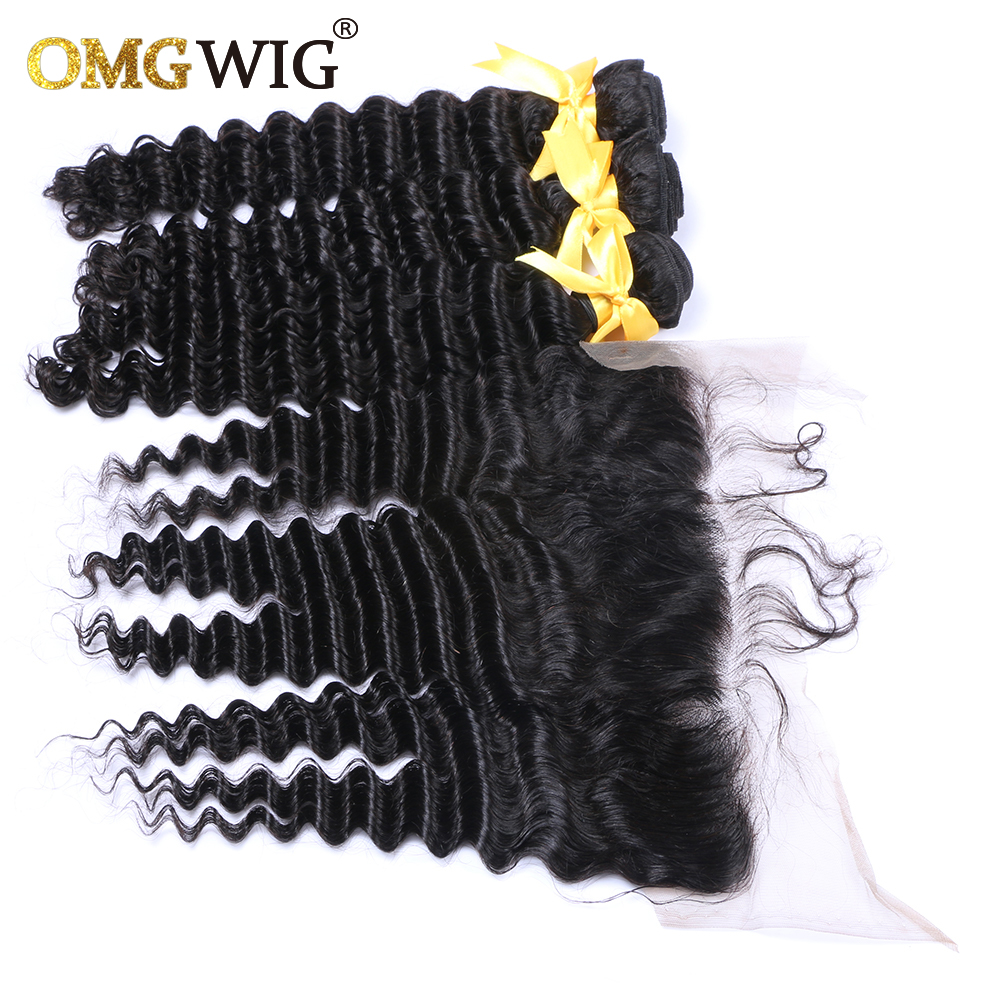 Deep Wave Natural Color Hair Bundles With 13x4 Base Closures Brazilian Human Hair Free Part Bleached Knots Transparent Lace dc3d3