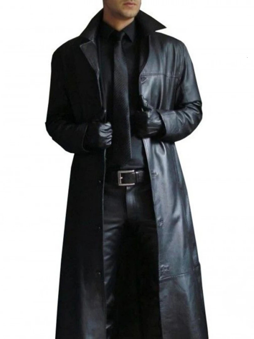 2024 Men Faux Leather Trench Fashion Long Sleeve Autumn Windbreaker Coat Slim Jacket Mens Outwear 241108