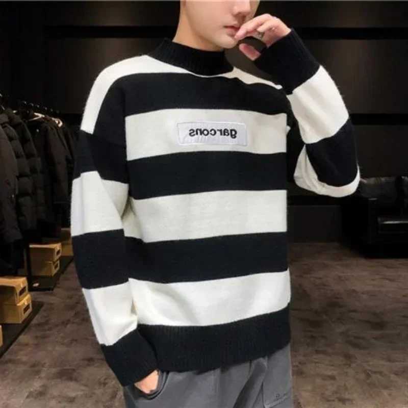 Mens Turtle Neck Knitted Sweater Mens Black High Collar Striped Old Korean Fun New Knitted Loose Fit W2411111