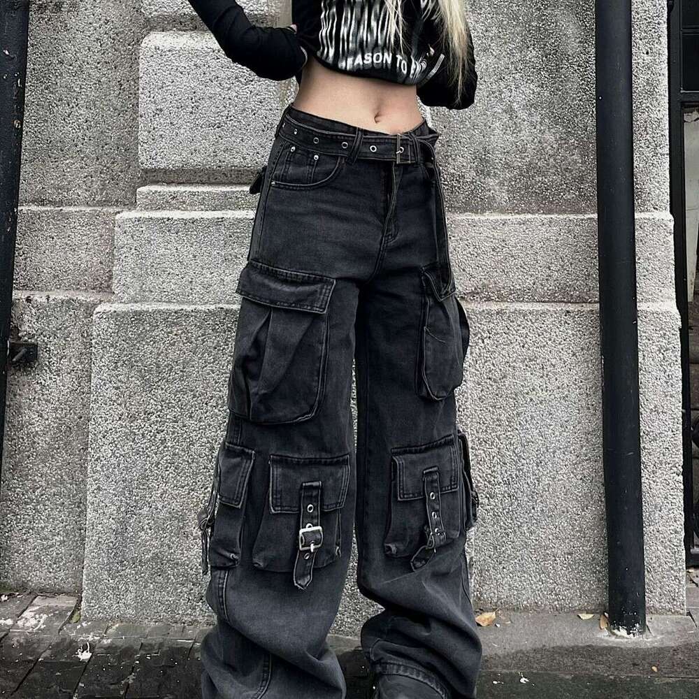 Women's Wide-Leg For Small People, Dark High Street Heavy-Duty Design, Washed Multi-Pocket Loose Straight Work Jeans