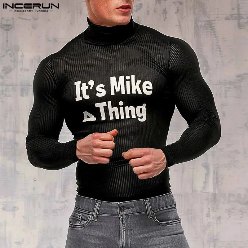 INCERUN Mens T-shirt Autumn Turtle Collar Long Sleeve Letter Printed Knitted Top Loose Breathable Striped T-shirt 241112