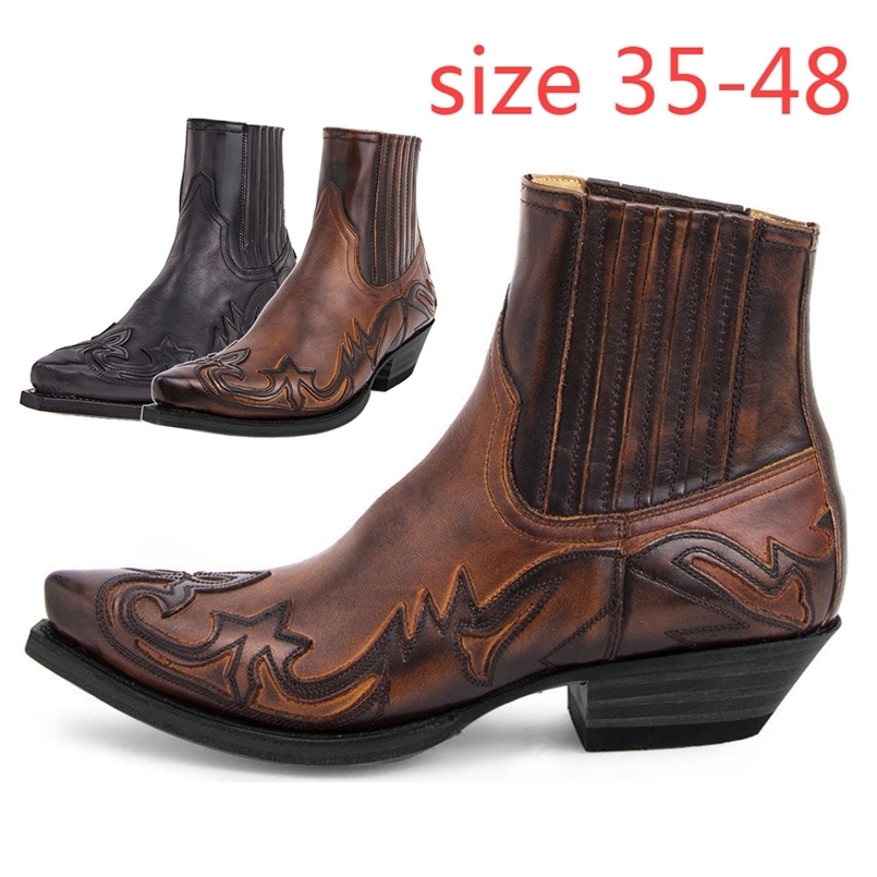 2024 Mens Western Cowboy Boots Womens Leather Ankle Boots Mens Retro Embroidered Pointed Toe Shoes Plus Size 48 241111