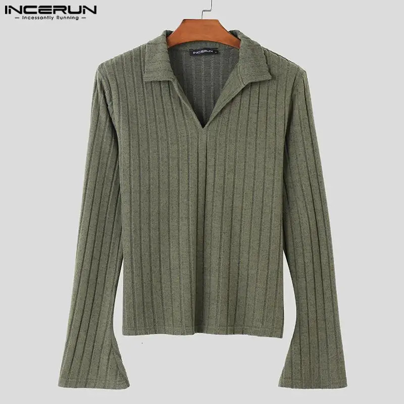 Mens Solid Color V-neck Shining Long Sleeve Street Clothing Mens Clothing Korean Fashion Casual T-shirt Top S-5XL INCERUN 241112