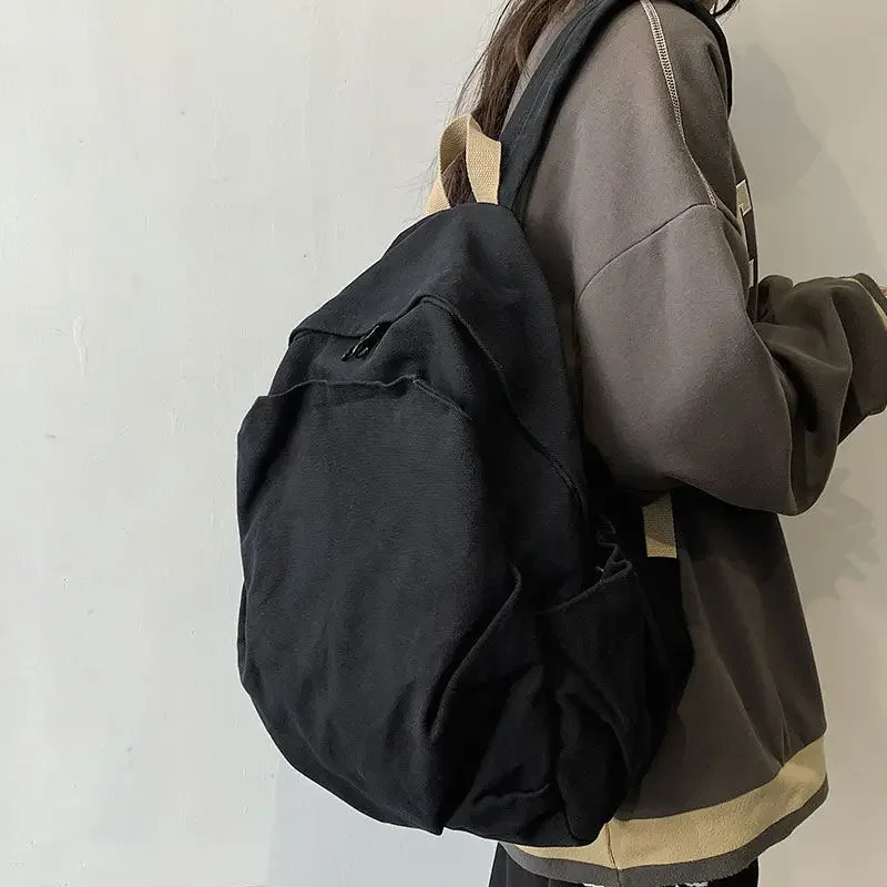 Korean Harajuku Simple Large Capacity All match Canvas Backpack Womens Solid Color Retro All match Preparatory Student Bag 241111