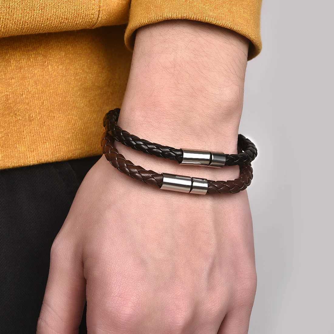High quality handmade woven single-layer casual leather bracelet for men punk hip-hop party simple charm bracelet jewelry wholesale W241111