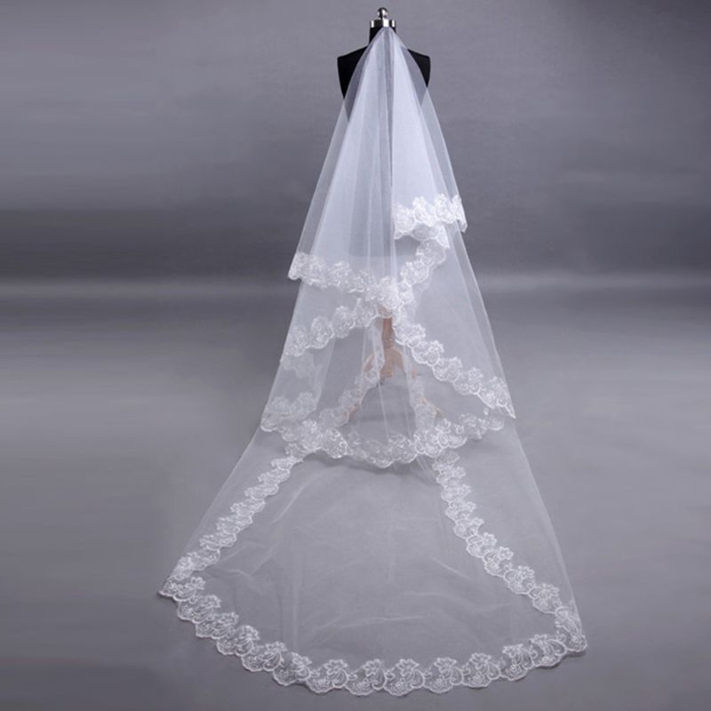 1.5/2/3/5M One Layer Bridal Veil White Long Cathedral Wedding Veil Embroidered Floral Applique Edge Bridal Tull Without Comb
