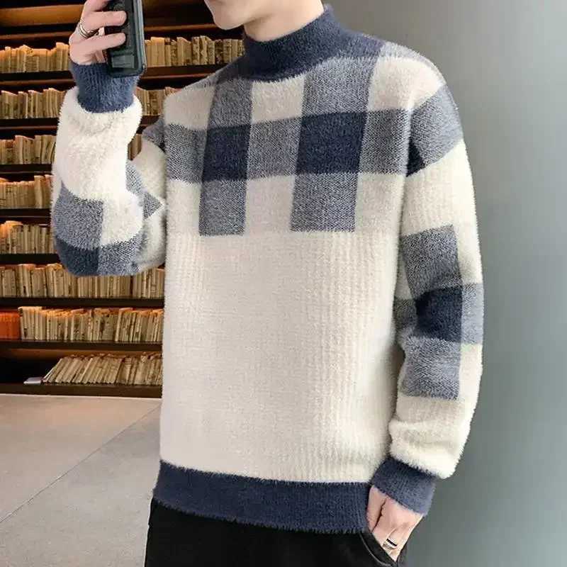 Mens plain weave pullover knitted sweater mens turtle neck half neck blue wool sweater plus size ugly 2024 trend X old W2411111