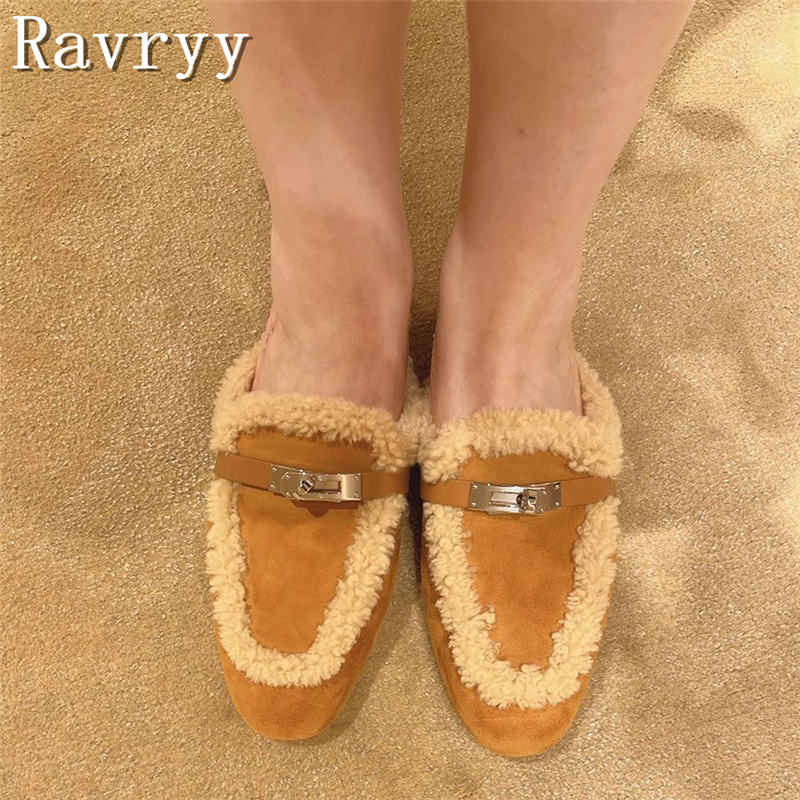 Metal Buckle Wrapped Toe Half Slippers Brand New Flat Platform Round Toe Suede Leather Fur Mules Ladies Winter Warm Shoes