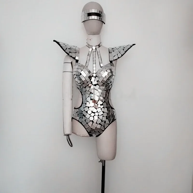 Mirror Bodysuit Women Dance Costume Gold Silver Sequins Fly Shoulder Hollow Out Rave Outfit Stage Performance Clothes Gogo Show