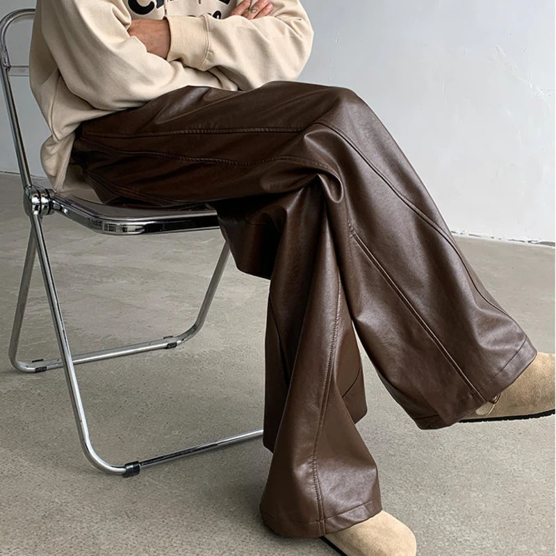 IEFB American Style Mens Pants Casual Pu Leather Solid Color Straight Wide Leg Streetwear Male Trousers Personalized 9C8060 241112