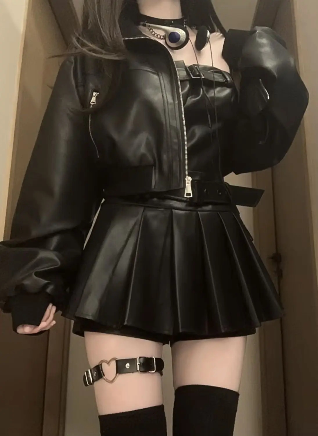 Y2K two-piece womens Harajuku punk street leather black dress set Gothic sexy motorcycle zipper jacket pleated skiing 241112